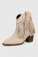 Women’s Sand Fringed Western Ankle Boots – Beige Pointed Toe Cowboy Booties