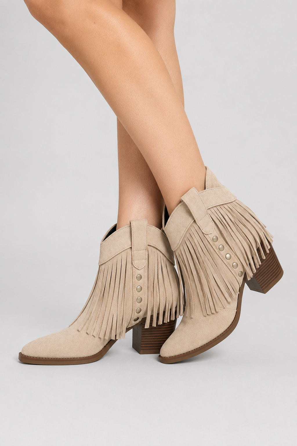 Women’s Sand Fringed Western Ankle Boots – Beige Pointed Toe Cowboy Booties