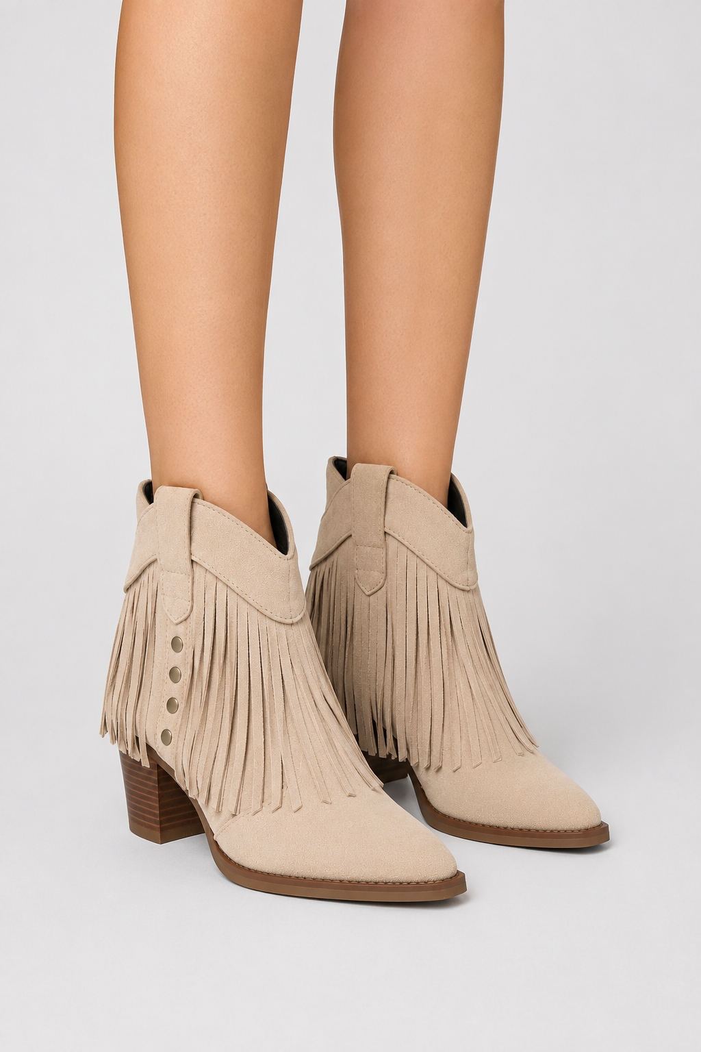 Women’s Sand Fringed Western Ankle Boots – Beige Pointed Toe Cowboy Booties