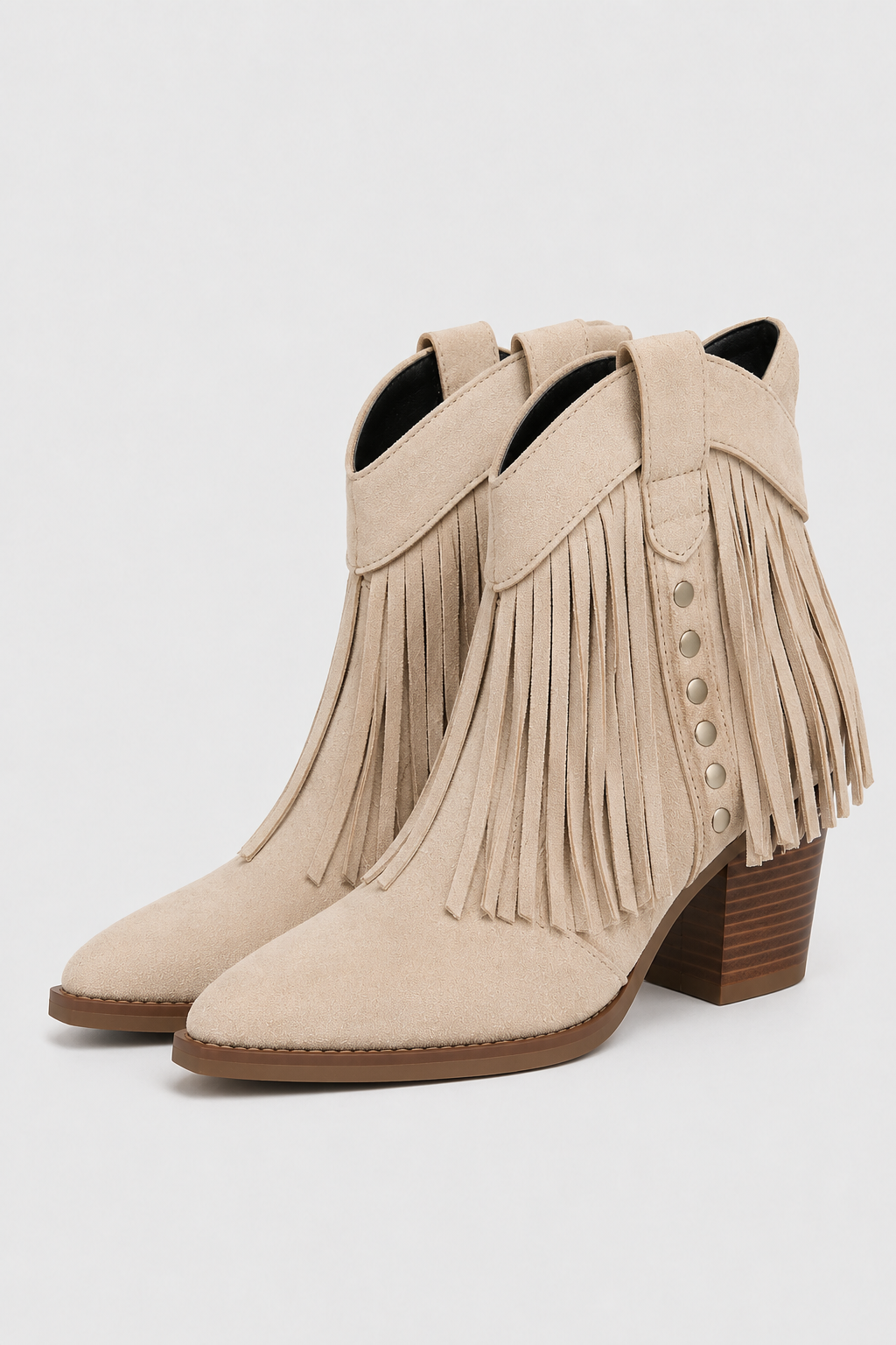 Women’s Sand Fringed Western Ankle Boots – Beige Pointed Toe Cowboy Booties