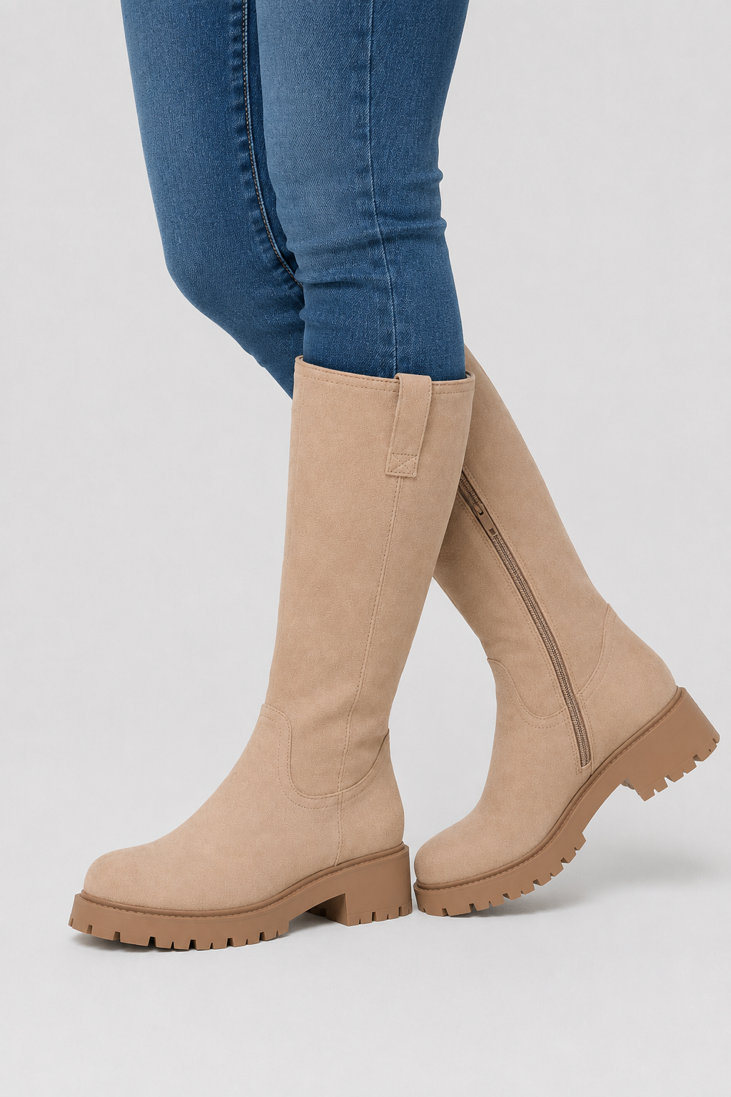 Women’s Sand Tall Lug Sole Riding Boots – Beige Pull-On Knee-High Boots
