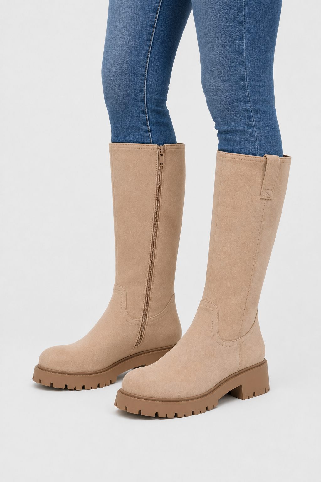 Women’s Sand Tall Lug Sole Riding Boots – Beige Pull-On Knee-High Boots