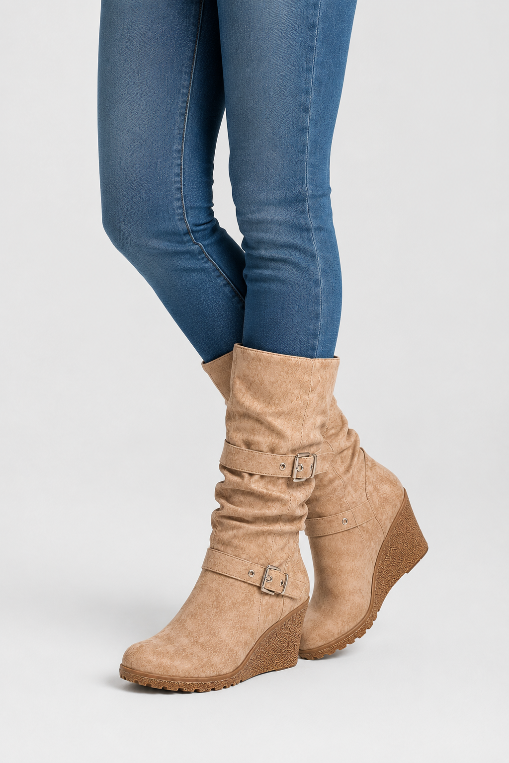 Women’s Slouchy Mid-Calf Wedge Boots – Dual Buckle Ruched Boots
