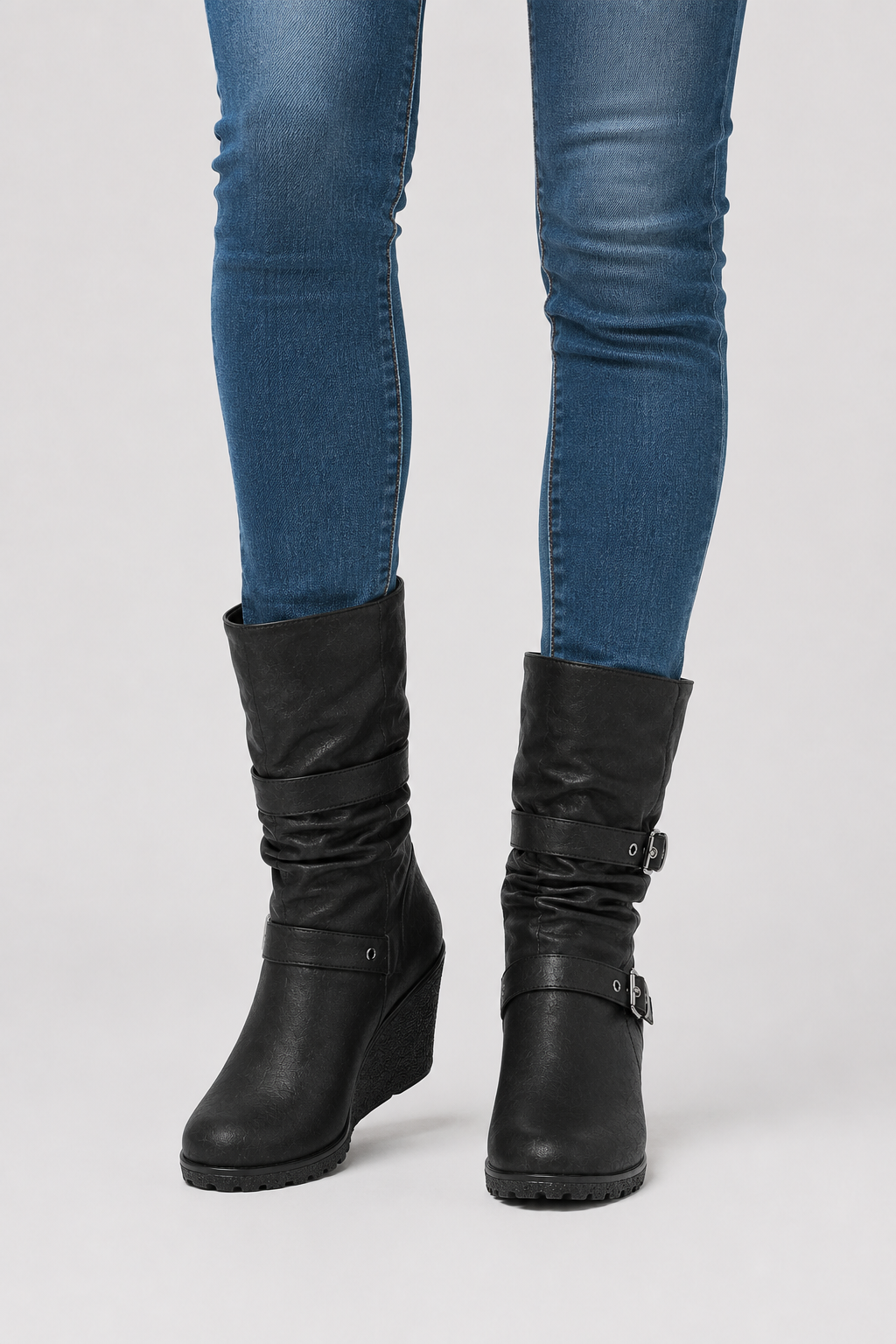 Women's Black Wedge Boots – Dual Buckle Mid-Calf Style