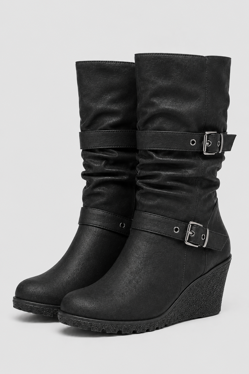 Women's Black Wedge Boots – Dual Buckle Mid-Calf Style