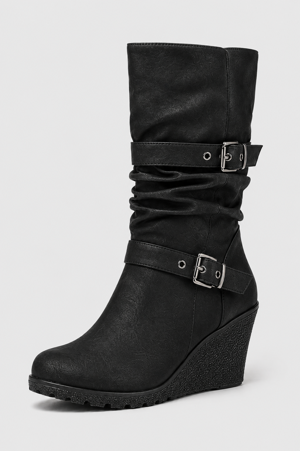 Women's Black Wedge Boots – Dual Buckle Mid-Calf Style