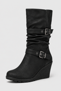 Women's Black Wedge Boots – Dual Buckle Mid-Calf Style
