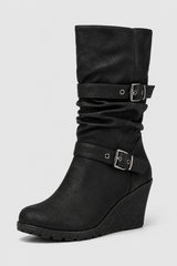 Women's Black Wedge Boots – Dual Buckle Mid-Calf Style