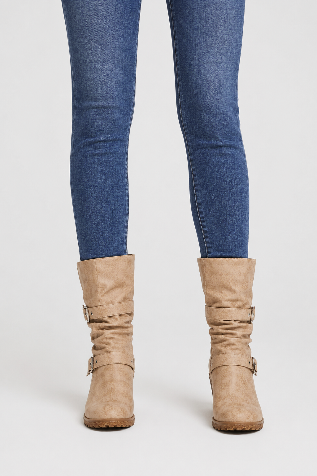 Women’s Slouchy Mid-Calf Wedge Boots – Dual Buckle Ruched Boots
