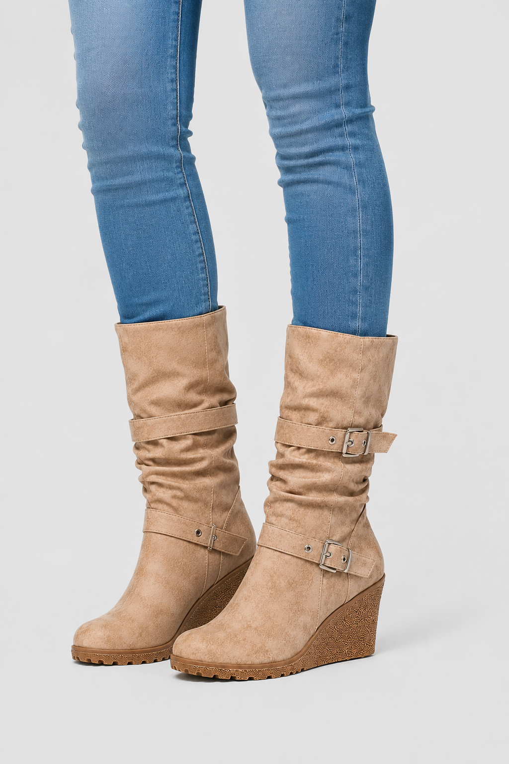 Women’s Slouchy Mid-Calf Wedge Boots – Dual Buckle Ruched Boots