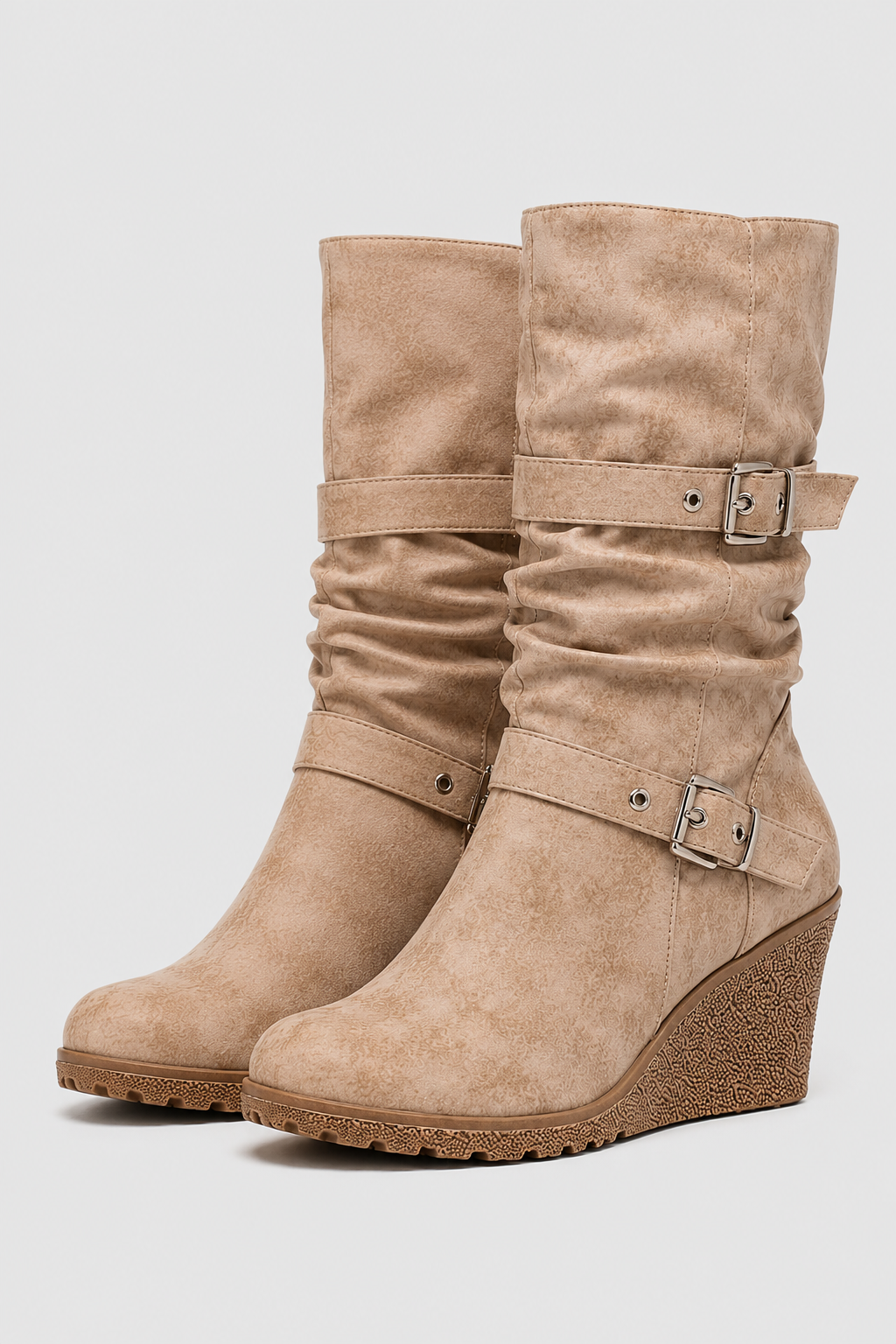 Women’s Slouchy Mid-Calf Wedge Boots – Dual Buckle Ruched Boots