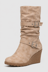 Women’s Slouchy Mid-Calf Wedge Boots – Dual Buckle Ruched Boots