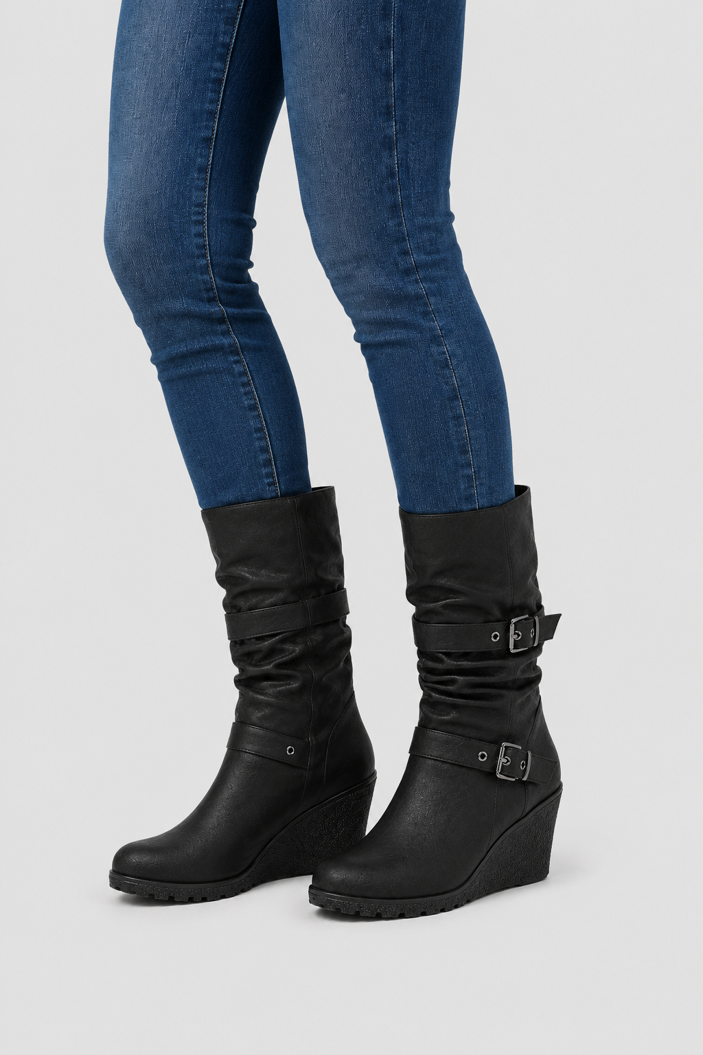 Women's Black Wedge Boots – Dual Buckle Mid-Calf Style