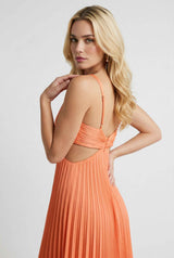 Women’s Vibrant Orange Pleated Dress – Energetic Elegance in Motion