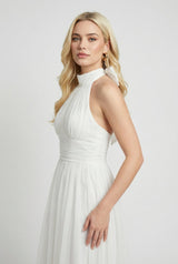 Vestido midi blanco de cuello halter para mujer - estilo elegante de verano en línea A