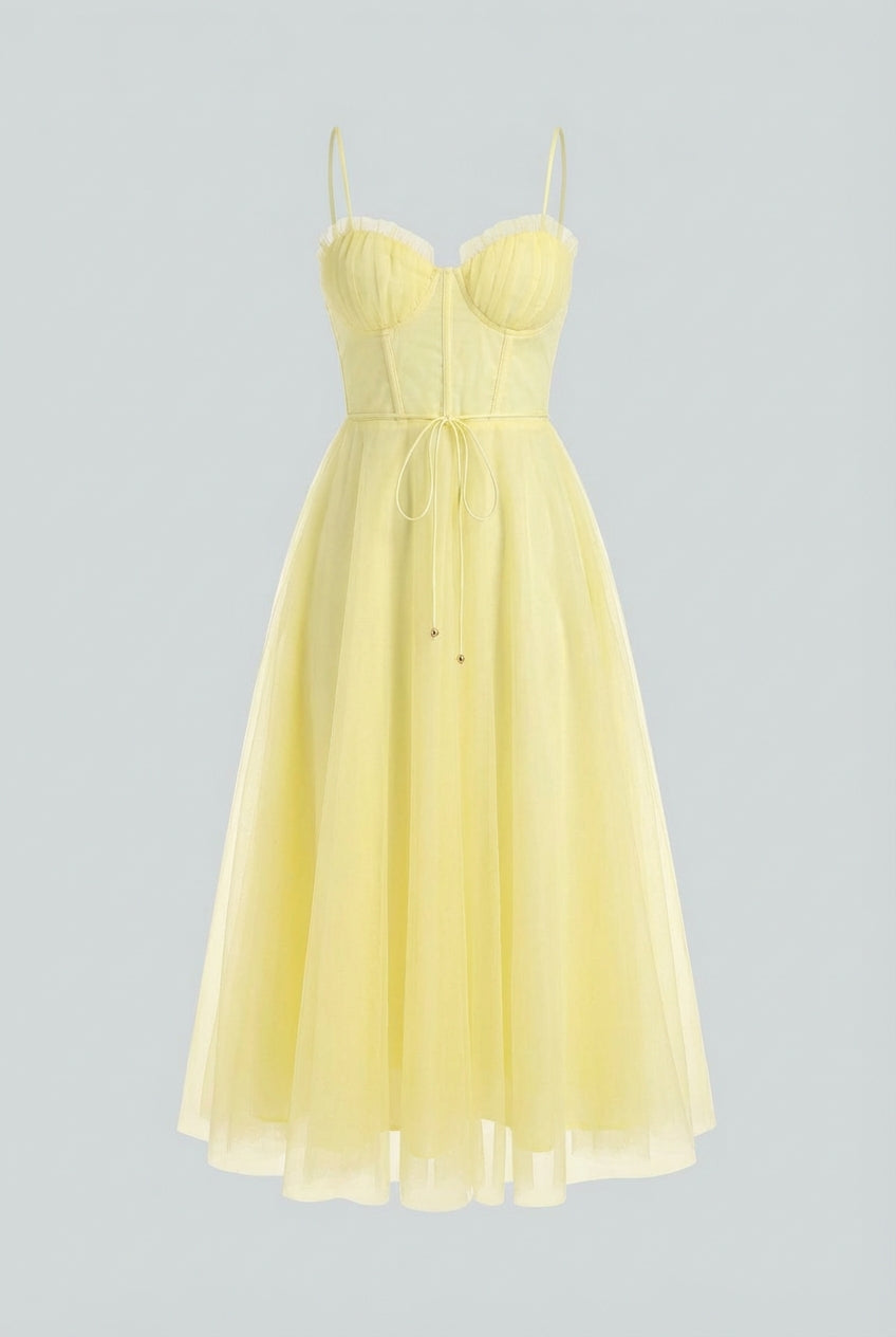 Dresses : Women's Yellow Formal Midi Dress with Sleeves - Elegant & Chic for Special Occasions in Yellow van Vanda Liamo