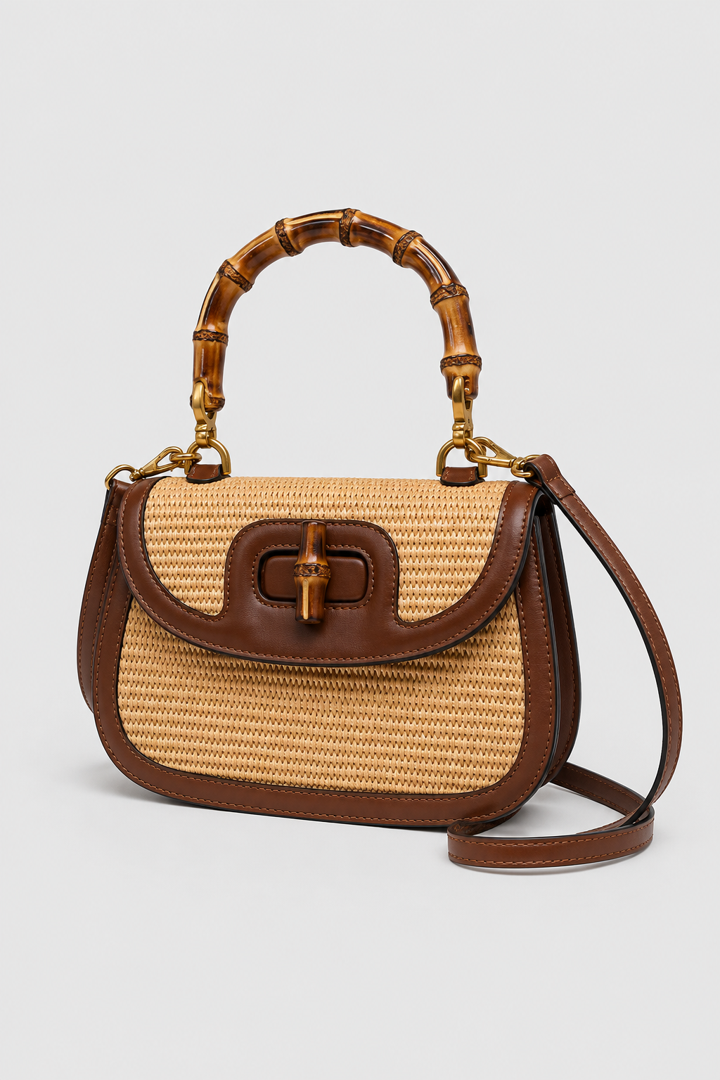 Woven-Style Handbag – Structured Saddle Silhouette with Segmented Rigid Handle