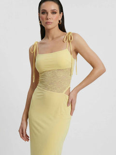 Women's Yellow Lace Maxi Dress - Elegant Floral Design