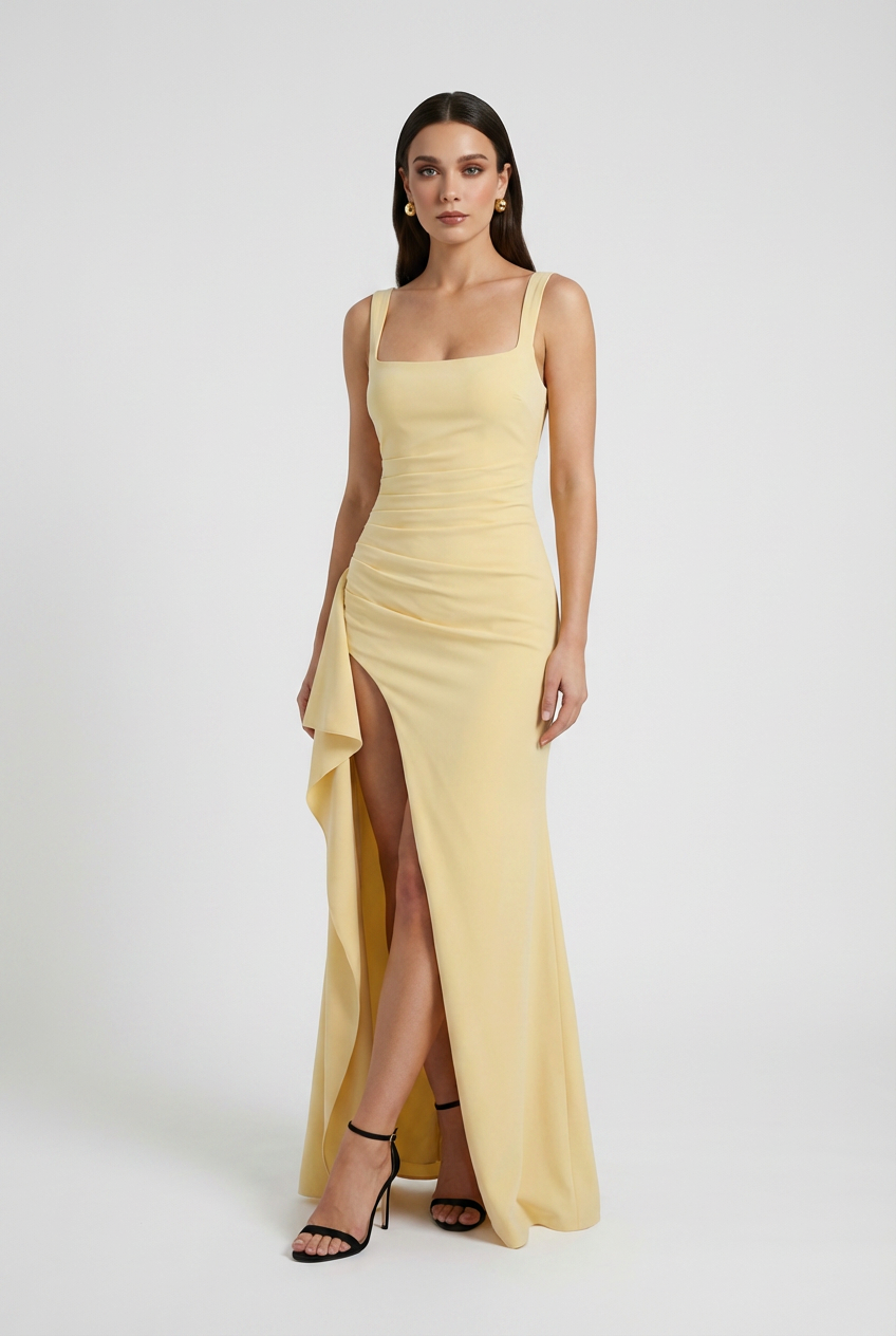 Dress : Women's Yellow Square Neck Slit Maxi Dress - Elegant Formal Evening Gown in van Vanda Liamo