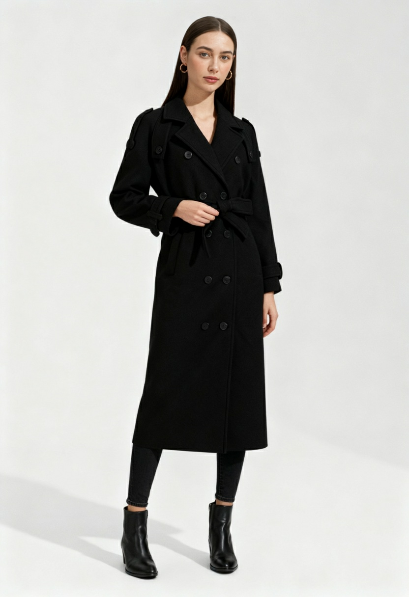 Coat : Women's Black Double-Breasted Long Trench Coat with Belt in van Vanda Liamo