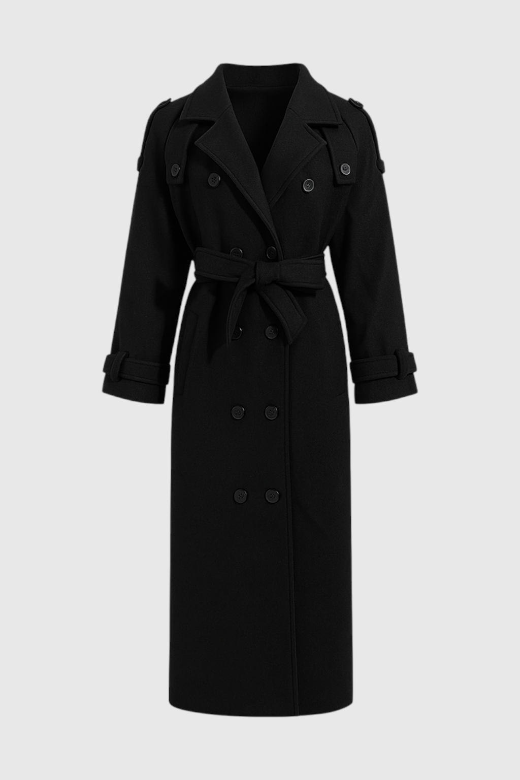 Coat : Women's Black Double-Breasted Long Trench Coat with Belt in Black van Vanda Liamo