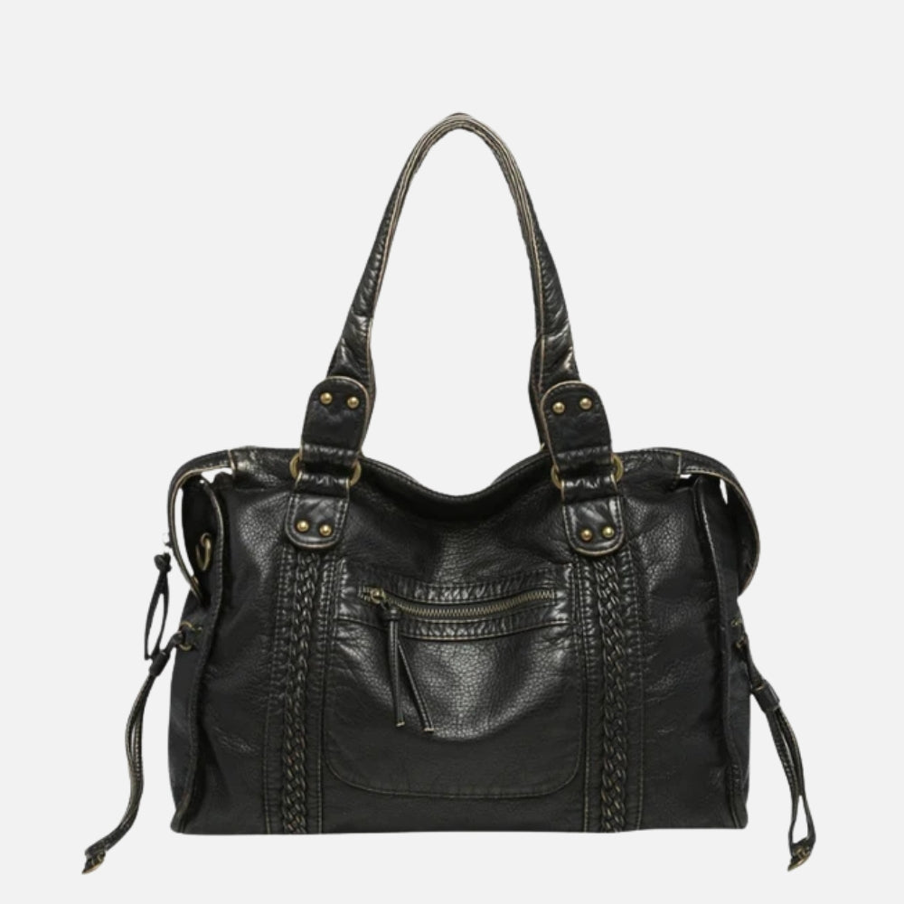 Black Shoulder Bag Women - Trendy Faux Leather Handbag with Zipper Pockets