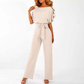 Fashion : Women's Elegant Belted Jumpsuit - Wide Leg One-Piece in Beige van Vanda Liamo