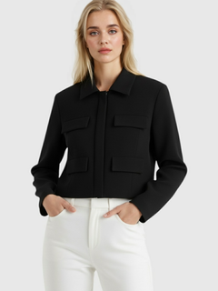 Women's Black Cropped Denim Jacket with Button Front - Classic Style