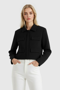 Women's Black Cropped Denim Jacket with Button Front - Classic Style