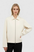 Women's Ivory Casual Bomber Jacket with Ribbed Trim
