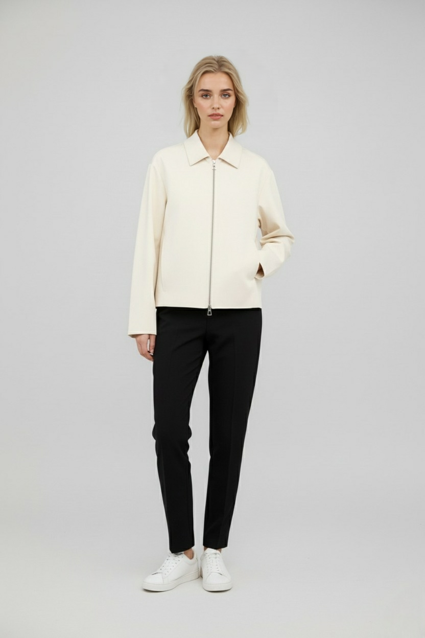 Jacket : Women's Ivory Casual Bomber Jacket with Ribbed Trim in van Vanda Liamo