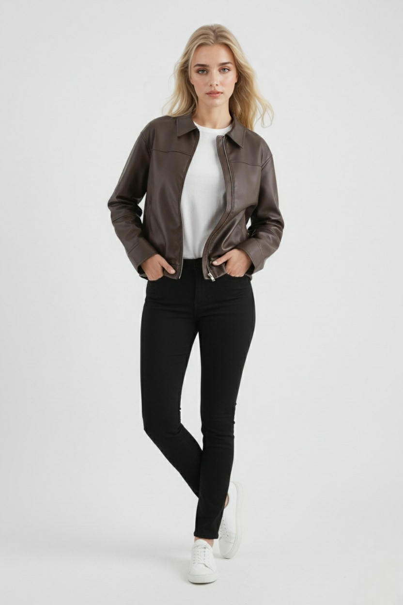 Jacket : Women's Black Faux Leather Aviator Jacket - Warm Winter Coat, S-XL in van Vanda Liamo