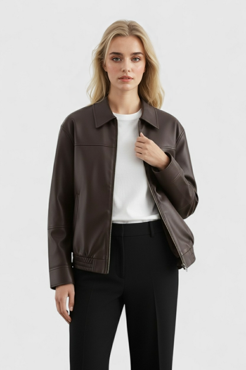 Jacket : Women's Black Faux Leather Aviator Jacket - Warm Winter Coat, S-XL in van Vanda Liamo