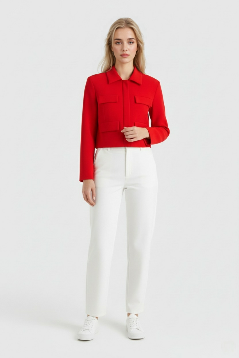 Jacket : Women's Red Cropped Denim Jacket - Classic Fit, Button-Front, Sizes S-XL in van Vanda Liamo