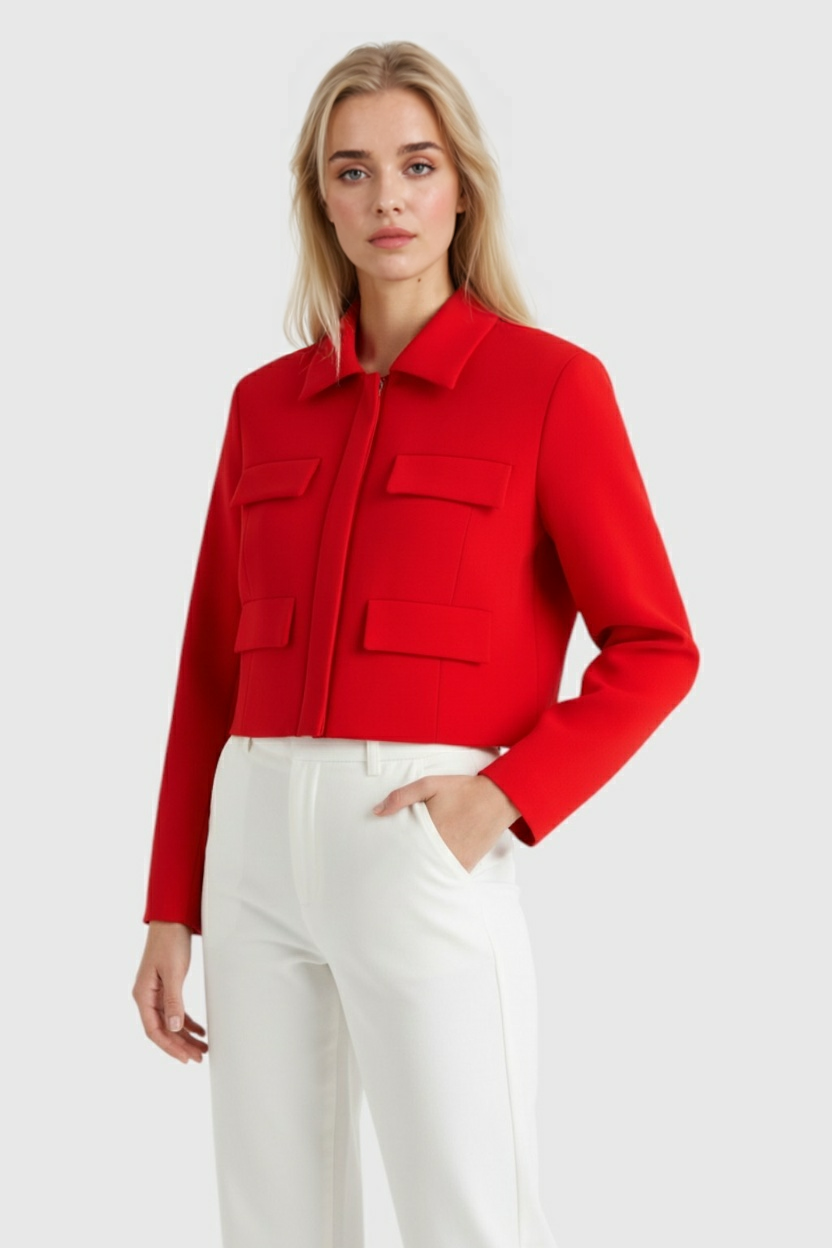 Jacket : Women's Red Cropped Denim Jacket - Classic Fit, Button-Front, Sizes S-XL in van Vanda Liamo