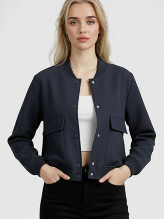 Women's Navy Blue Lightweight Bomber Jacket - Casual Zip-Up Style
