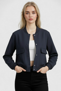 Women's Navy Blue Lightweight Bomber Jacket - Casual Zip-Up Style