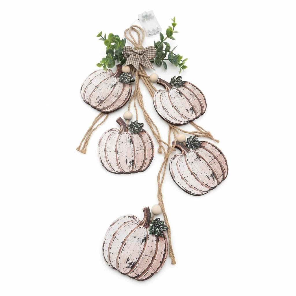 Wooden Pumpkin Door Hanger - 5-Piece Set with Plaid Bow