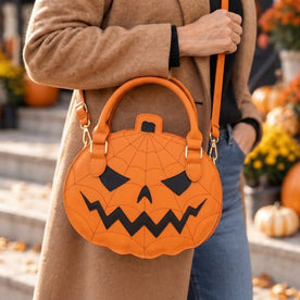 Apparel & Accessories > Handbags, Wallets & Cases > Handbags : Pumpkin Faux Leather Handbag - Halloween Accessory in Orange van Vandaliamo