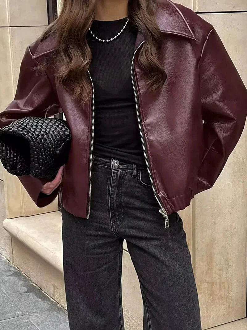 Women's Short Faux Leather Jacket with Zip and Collar
