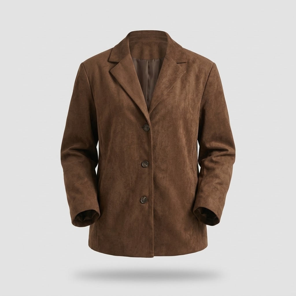 Outerwear : Women's Oversized Blazer - Brown Suede-Look with Lapel Collar in van Vanda Liamo