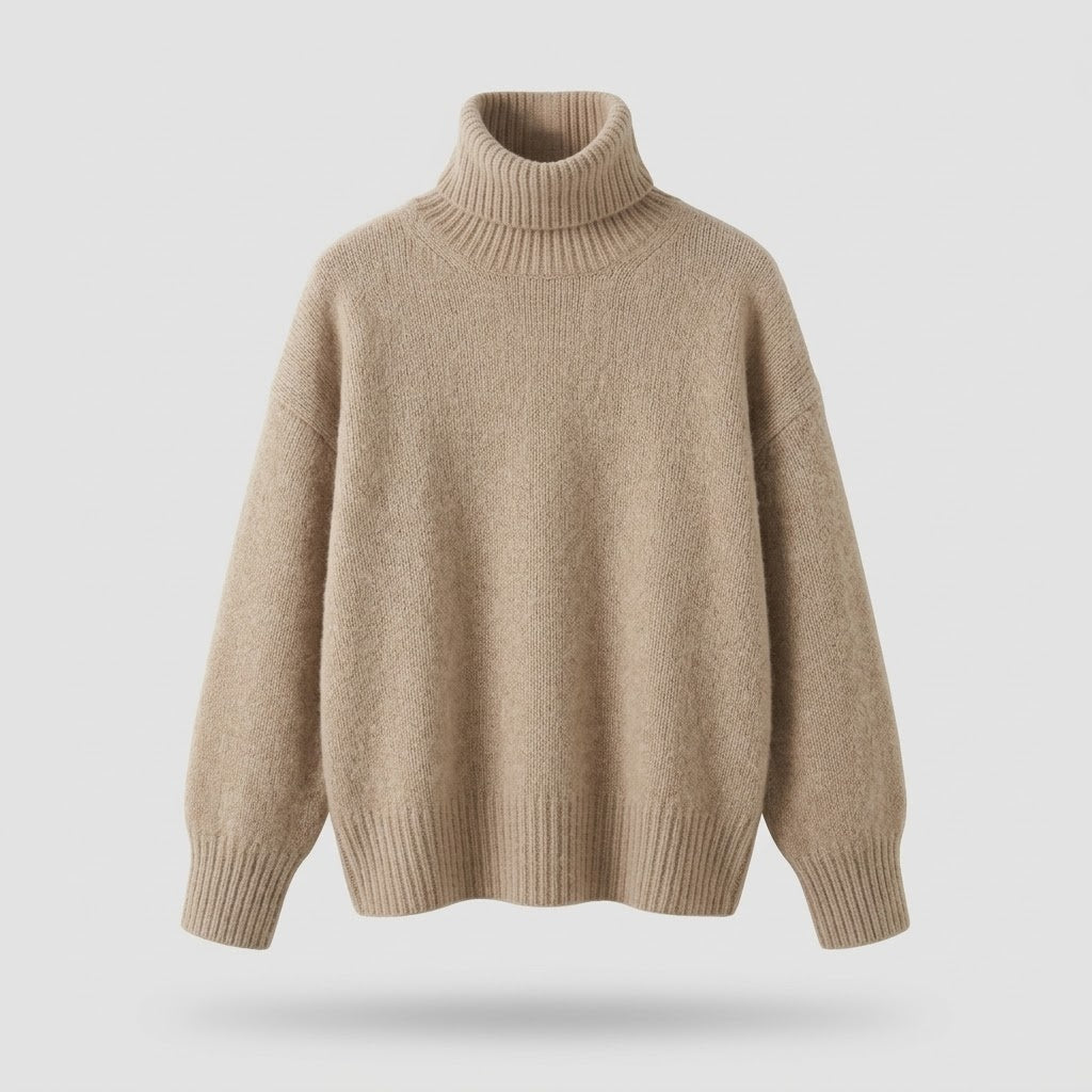 Fashion : Women's Cashmere Sweater with Turtleneck Collar in Beige van Vanda Liamo