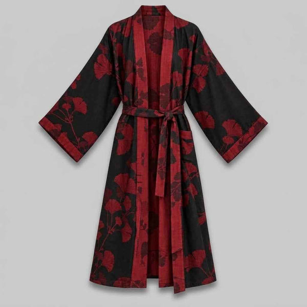 women's sleepwear : Cotton Kimono Bathrobe with Reversible Leaf Pattern in van Roselva
