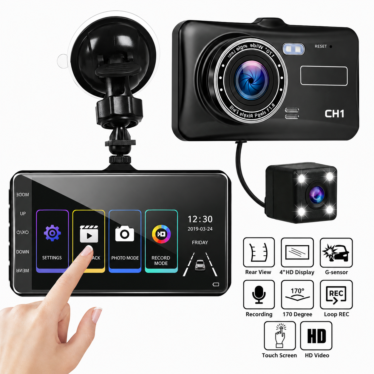 1080P Full HD Dual Dash Cam with Rear Camera