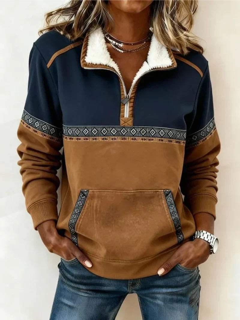 Knitwear : Women's Sweater - Half-Zip with Sherpa Collar, Cognac in Cognac van Vanda Liamo