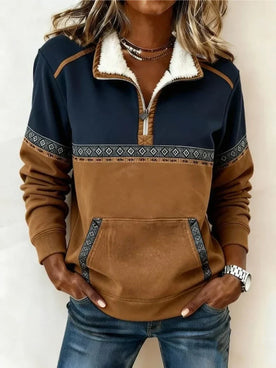 Knitwear : Women's Sweater - Half-Zip with Sherpa Collar, Cognac in Cognac van Vanda Liamo