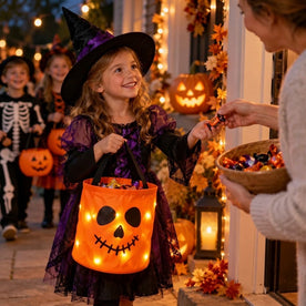 Home & Garden > Decor > Seasonal & Holiday Decorations : LED Pumpkin Candy Basket with Handle for Halloween in Orange van Vandaliamo
