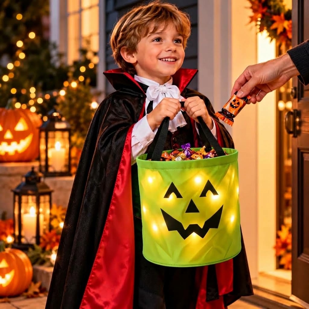 LED Pumpkin Candy Basket with Handle for Halloween