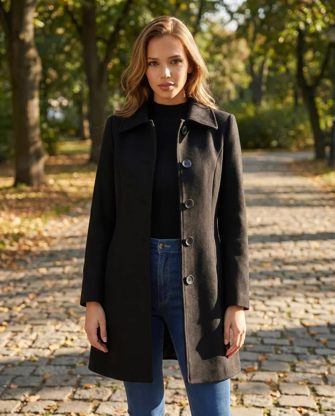Outerwear : Women's Tailored Coat - Classic Collar with Button Closure in Lichtblauw van Vanda Liamo