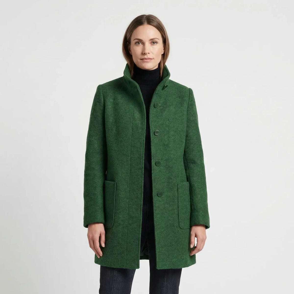 Outerwear : Women's Mid-Length Coat - Stand-Up Collar with Single-Breasted Buttons in van Vanda Liamo